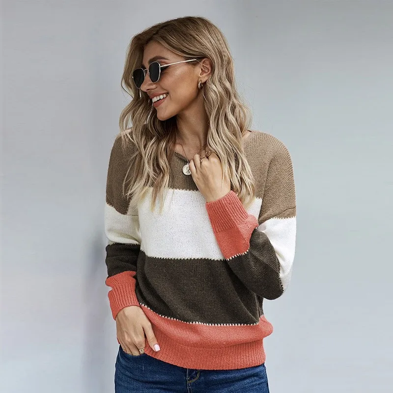 

Women Knitting Cotton Sweater Long Sleeves O-neck Female Casual Striped Stitching Color Fashion Pullover Ladies Winter Sweaters