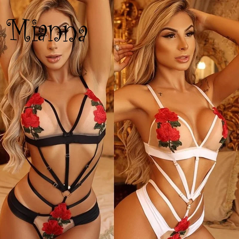

Sexy Women Bandage Bodysuits Floral Embroidery Perspective Short Romper Erotic Underwear Bra Thong Bodysuit