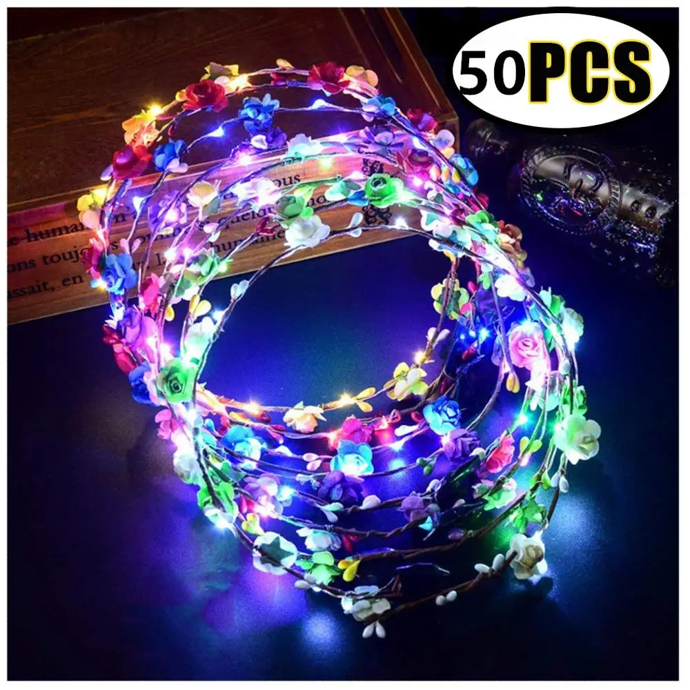 50 Pcs LED Flower Crown,Wreath Headband Luminous Headdress For Girls Women Wedding Festival Holiday Christmas New Year Party