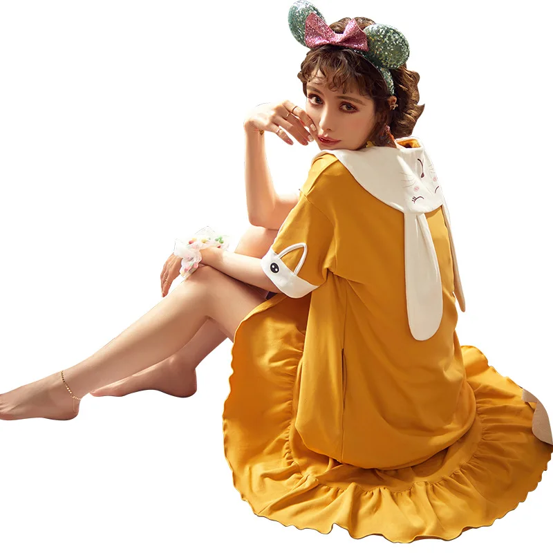 

XIFER New Style Korean Summer Nightdress Female Cotton Short-sleeve Sleepwear Rabbit Ear Skirt Home Service Plus Size Women
