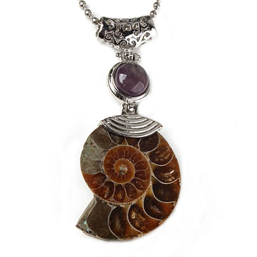 

Trendy-beads Popular Silver Plated Ammonite Reliquiae Natural Purple Amethysts Round Beads Pendant Fashion Jewelry