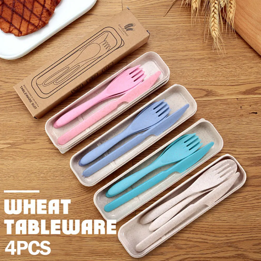 

4 Pieces Travel Utensils Set Tableware Wheat Straw Knife Fork Spoons Dinnerware BPA-free Flatware Reusable Cutlery with Case