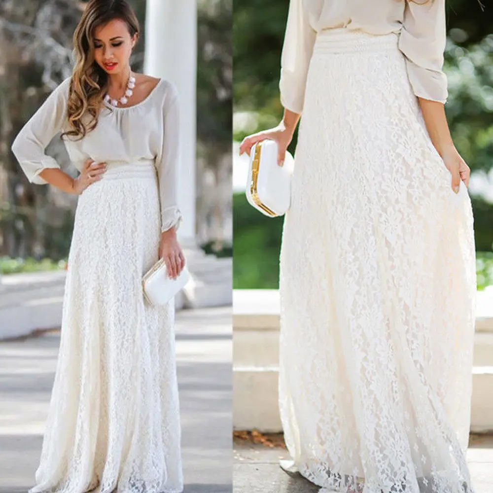 

Women High Waist Skirt Lace Double Layer Pleated Long Maxi Elastic Waist Skirt