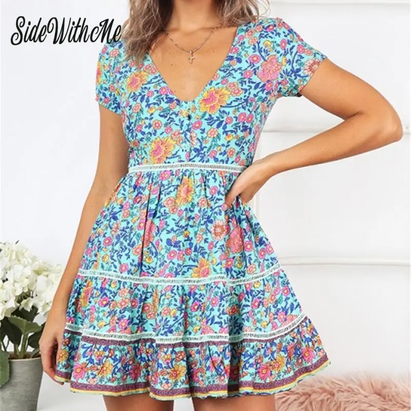 Женское пляжное платье с цветочным принтом летнее повседневное мини трапеция