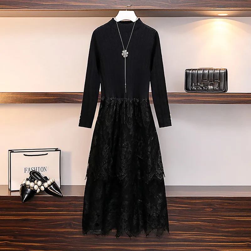 Женское трикотажное лоскутное кружевное платье HAMALIEL размера плюс осенне-зимнее