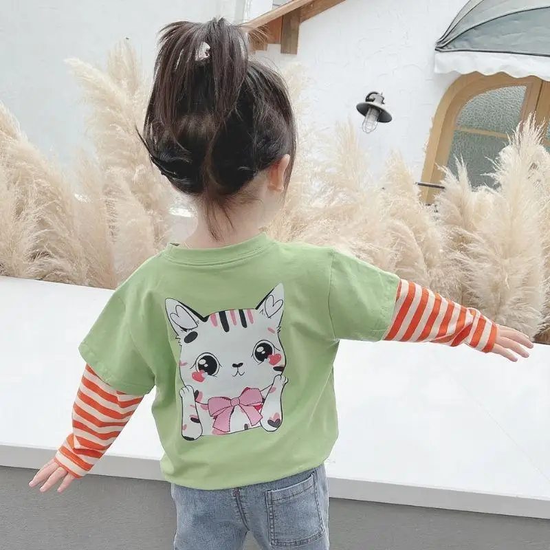 

2021 new children's western style fake two-piece tops girls long-sleeved t-shirt autumn P5698