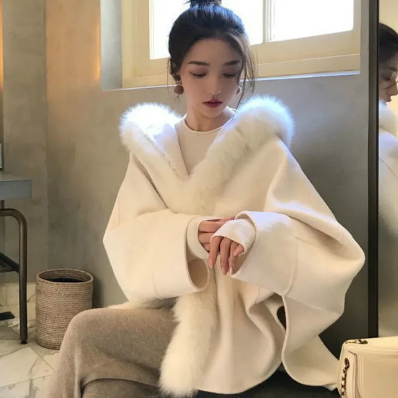 

Осенне-зимний тренчкот из искусственной норки и шерсти, меховая накидка с капюшоном, кашемировая искусственная меховая накидка, меховая ша...