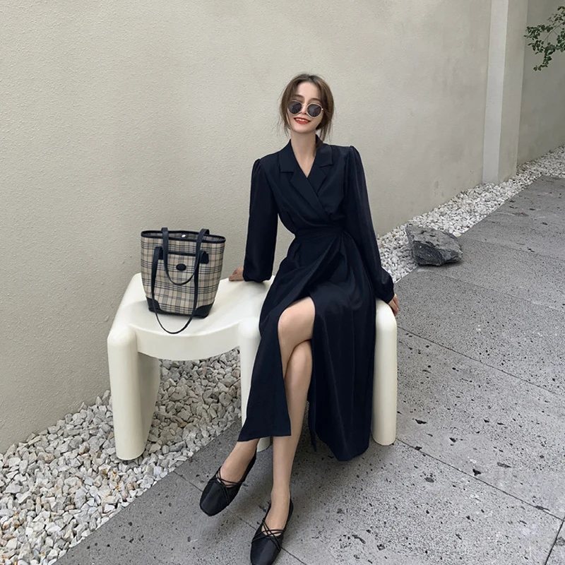 

Elegant Dresses Vestidos Casual Solid Shirt Dress With Belt 2020 Korean Summer Autumn Puff Sleeve Long Dress Women Streetwear