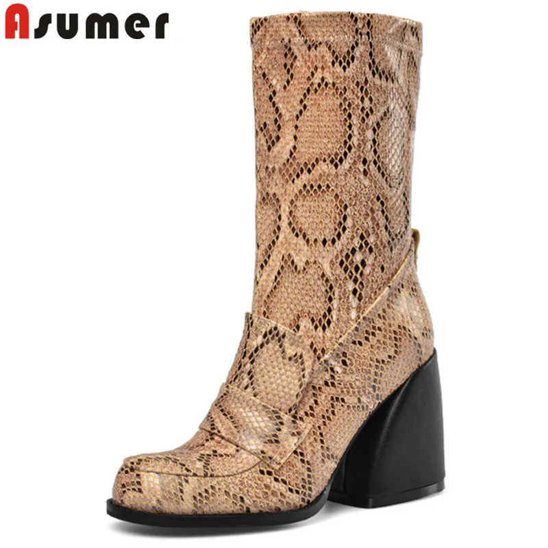 

ASUMER big size 34-43 fashion genuine leather boots round toe zip mid calf boots square high heels autumn winter boots 2021 new