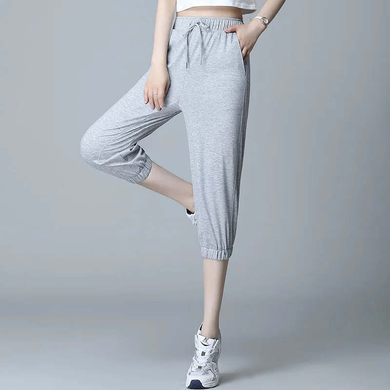 

Solid High Waist Drawstring Women Sweatpants Loose Cool Ice Silk Korean Stretch High Quality Calf Length Summer Harem Trousers