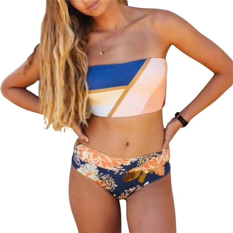 Женский комплект бикини без бретелек темно-синие Топы в полоску и с цветочным