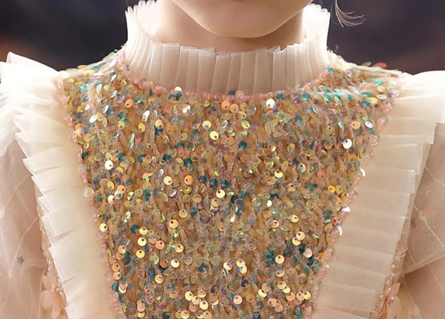 

High-End Children Sequines Stitching Short Sleeve Evening Gown Kids Catwalk Birthday Party Princess Trailing Dress For Girl L883