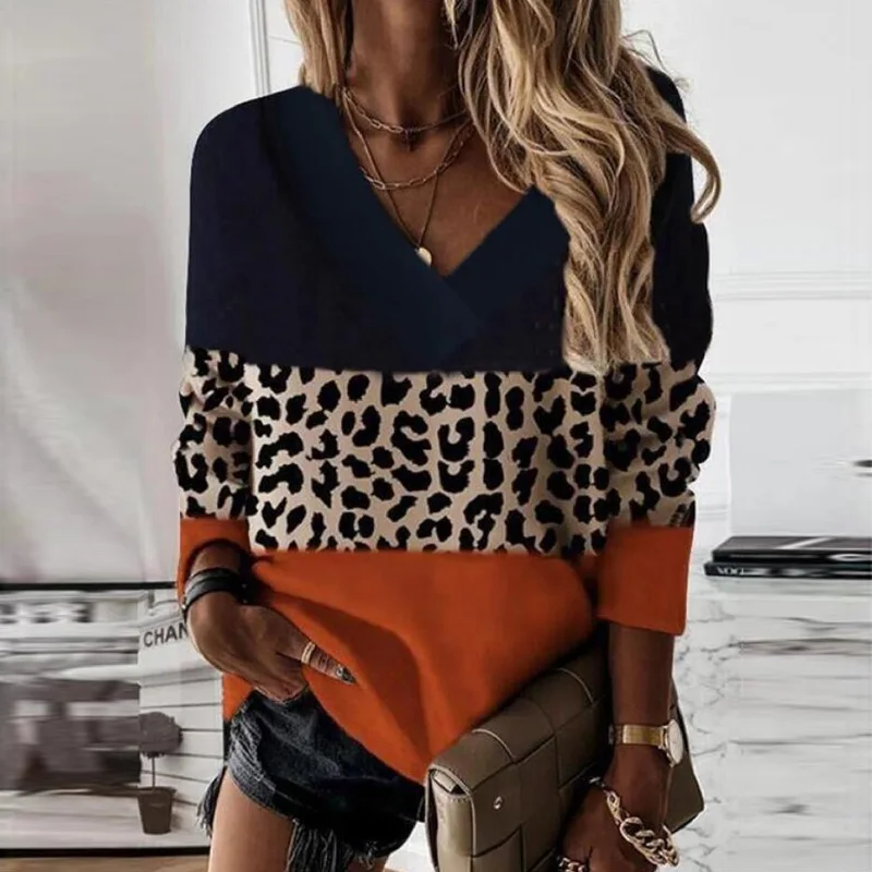 

Autumn V Neck Long Sleeve Top Sweatshirt Elegant Leopard Print Patchwork Women Hoodie Winter Elegant Office Lady Pullover Jumper