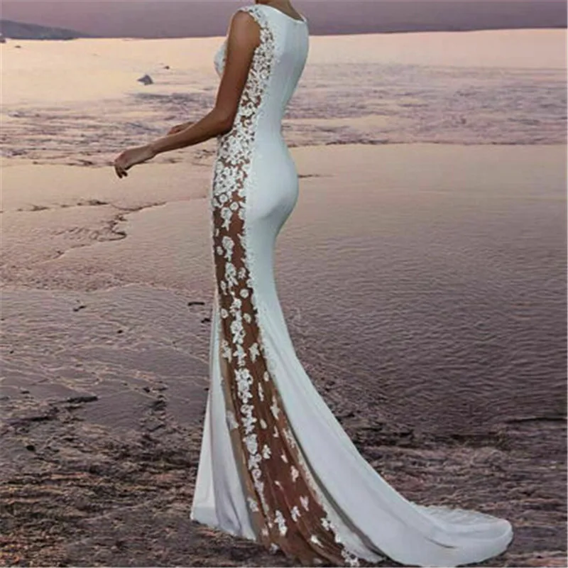 Женское вечернее платье без рукавов прозрачное однотонное с цветочным кружевом