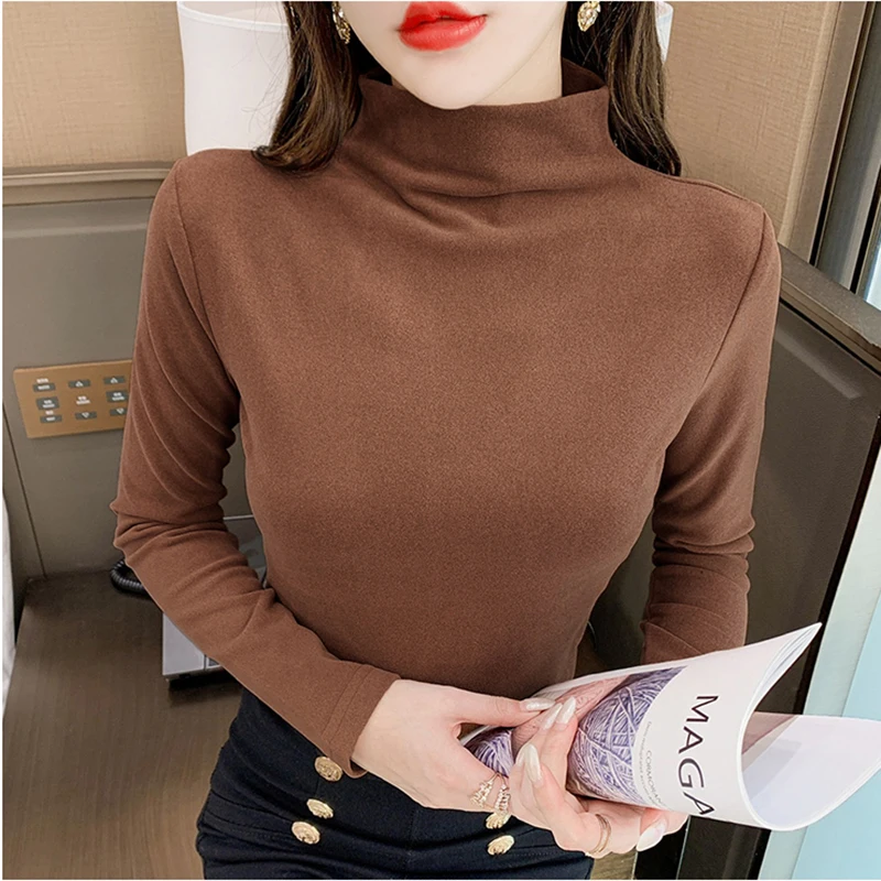 LJSXLS Solid Tee Shirt Femme Half High Collar Women T Shirt Long Sleeve Tops Women 2021 Autumn Winter Slim Warm Poleras Mujer