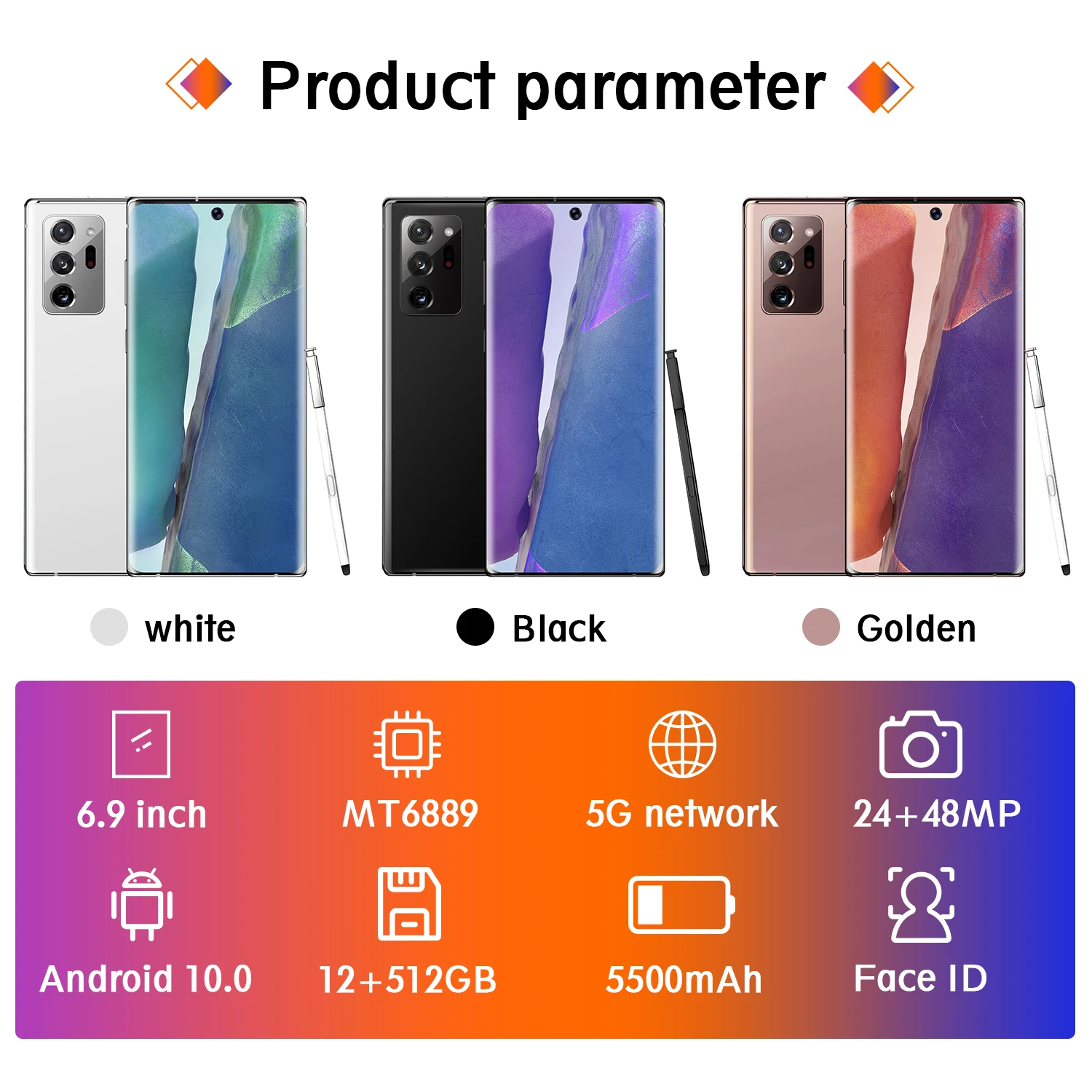 

Global Version Galxy N20U 6.9inch Smartphone Full Screen 12GB+ 512GB Android 10 Finger Face ID Dual Camera 4G Smart Mobile Phone