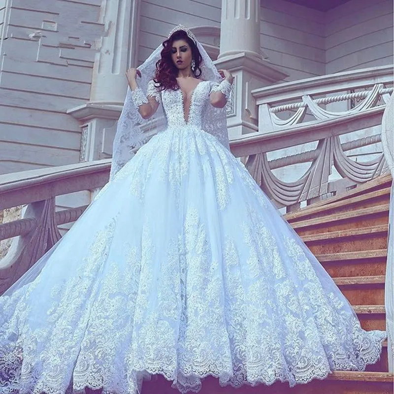 Восхитительное бальное платье Vestido de noiva Арабская, Дубай Роскошные кружевные свадебные платья с длинными рукавами глубокий v-образный вырез бисером Свадебные платья для невесты