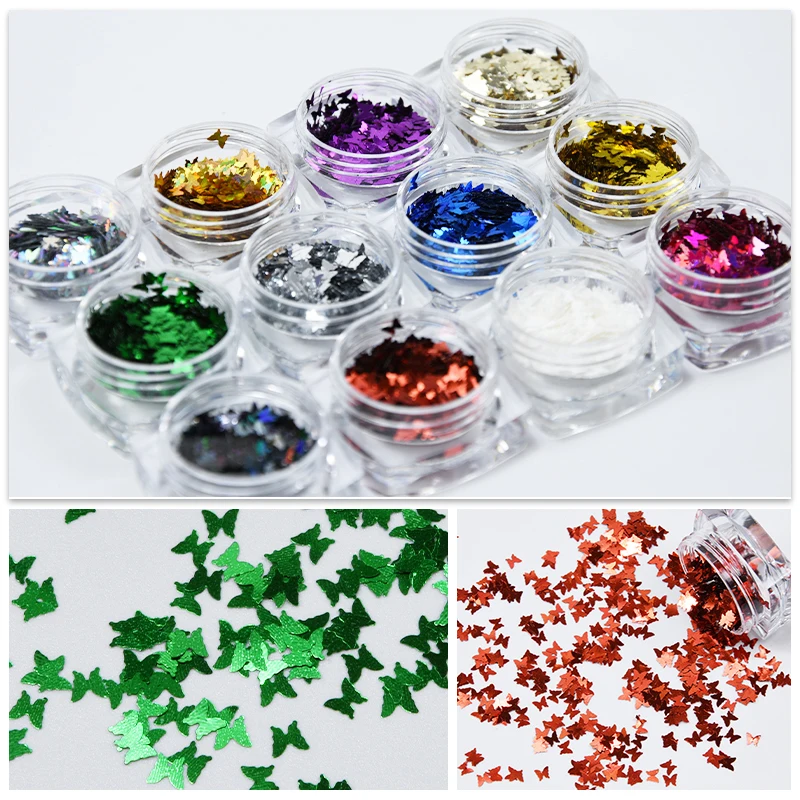 

Лазер-пудра для ногтей в форме бабочки, 12 цветов, 3 мм