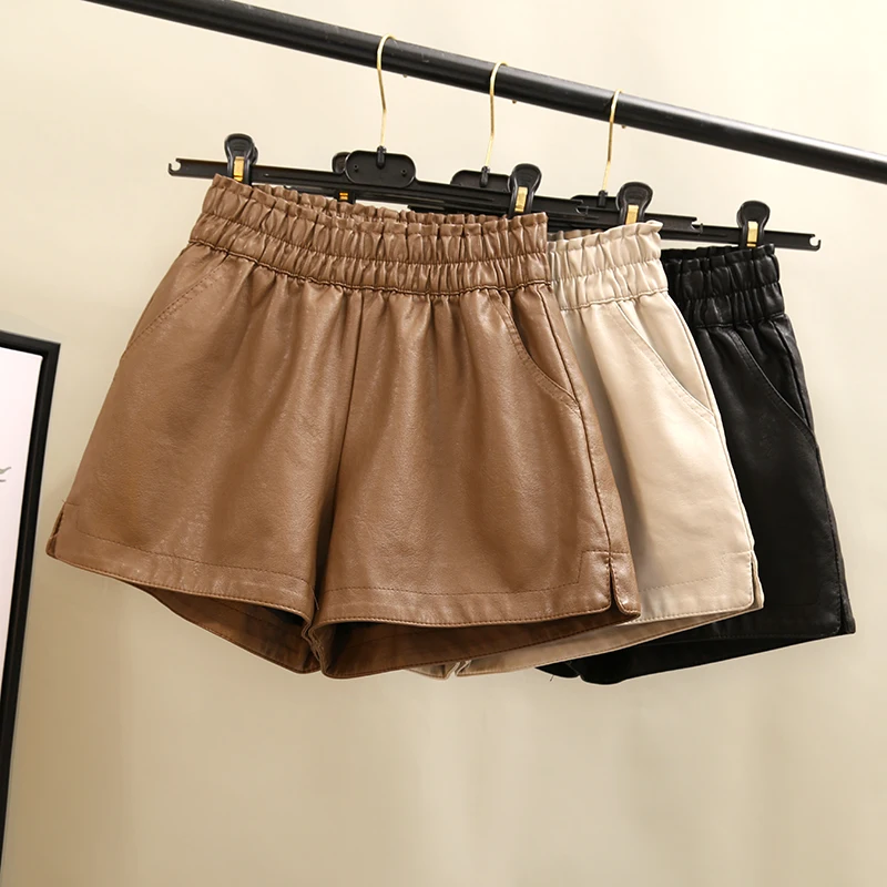 

High Quality Faux Leather Shorts Black PU Leather Wide Leg Shorts Women High Waist Shorts For Women Autumn Loose PU Shorts