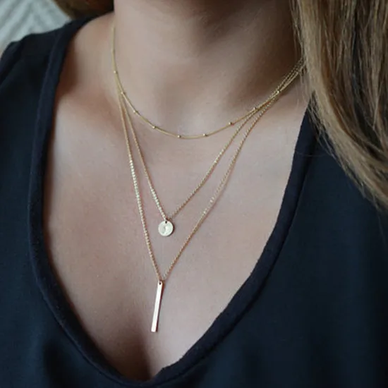 

New Style Multilayer Necklace Boho Small Sequins Stripe Necklaces & Pendants Copper Bead Chain Sequin Metal Strip Jewelry Gift