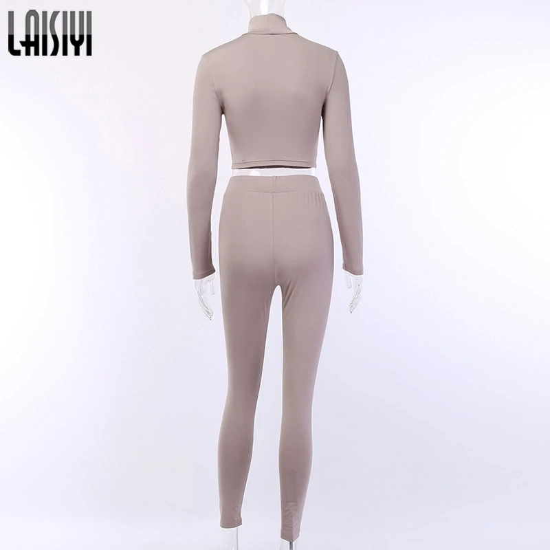 

LAISIYI Fitness Solid Fashion Matching Set Women 2019 Autumn Winter Two Piece Outfits Long Sleeve Crop Top And Leggings Set New