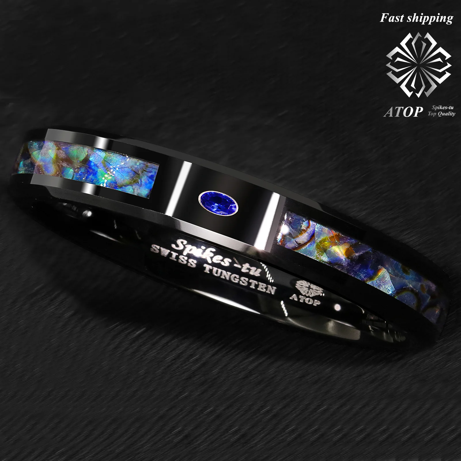 6 мм черное вольфрамовое кольцо с синим бриллиантом Цветная глазурь инкрустация
