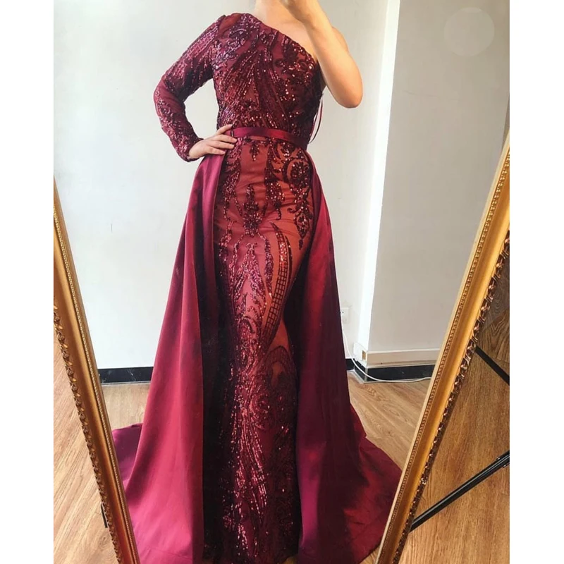 One Shoulder Burgundy Sequined Ball Gown Evening Party Maxi Dress