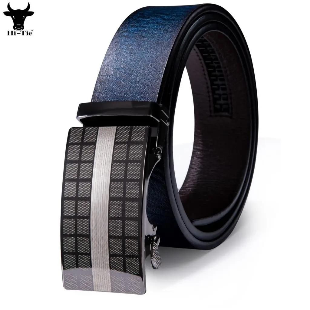 Hi-Tie Designer Automatic Buckles Mens Belts Blue Navy Cowhide Leather Ratchet Waist Belt for Men Dress Jeans Casual Formal Gift