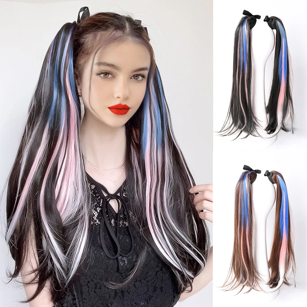 WEILAI  Long Straight Hair Wrapped in Ponytail Hair Extension Heat-resistant Synthetic Double Ponytail High Gloss Wig