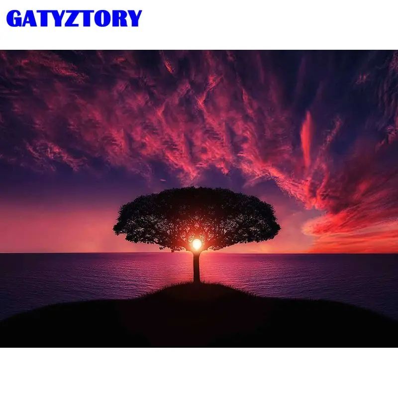 

GATYZTORY Painting By Numbers Setting Sun Tree Scenery Acrylic Drawing Canvas Lake Full Set For Adults Home Decoration Gift