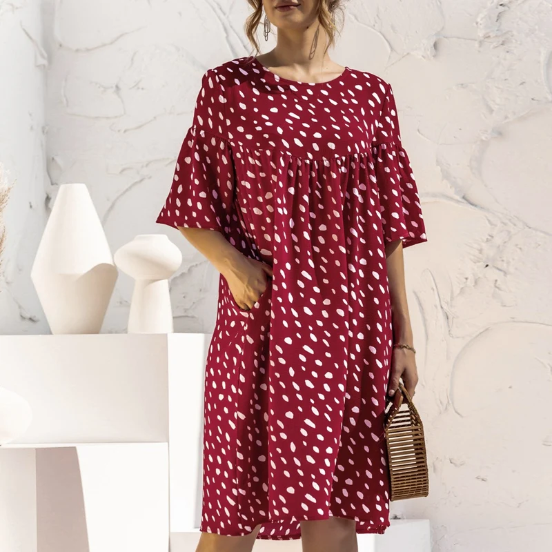 

Elegant Dot Print Half Sleeve Loose Straight Dress Women Summer Casual Pocket Fashion Knee Length Dress