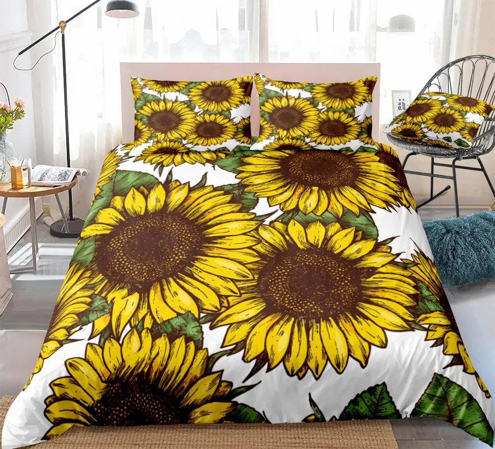 

3 Pieces Sunflowers Duvet Cover Set Yellow Flowers Bedding Kids Boys Girls Floral Quilt Cover Queen Bed Set Botanical Dropship