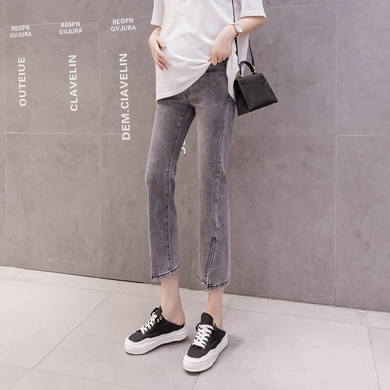 

986# Summer 8/10 Length Stretch Denim Maternity Jeans Adjustable Belly Side Splits Wide Leg Pants for Pregnant Women Pregnancy