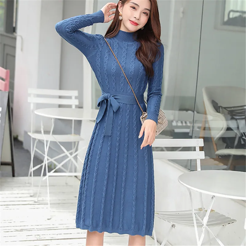 Модное вязаное платье женские свитера для женщин платья с поясом плиссированные