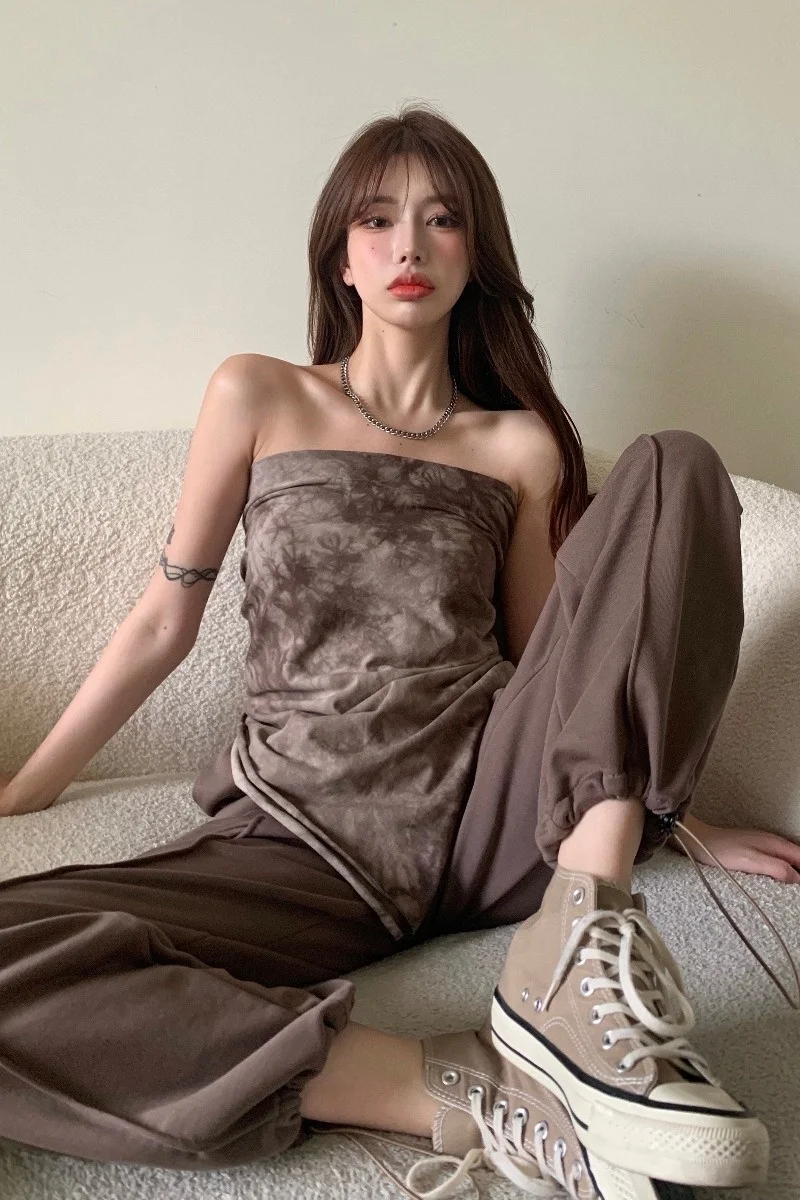 Костюм с брюками для девушек женский летний пикантный короткий топ завязками и