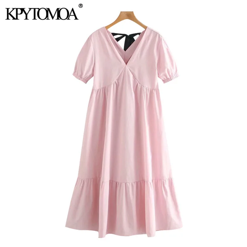 Платье миди KPYTOMOA женское с бантом на спине оборками V образным вырезом коротким