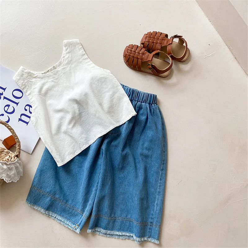 

2021 Summer New Girls Fashion Outfits 3 Colors Cute Vest And Wide Leg Pants 2Pcs Sets Kids Clothes Sets