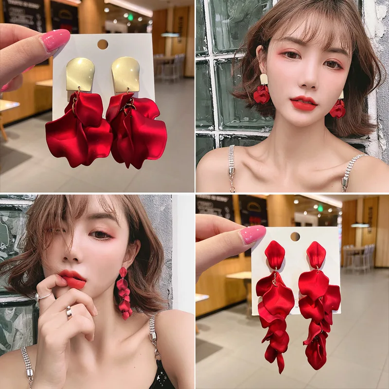 

Flower Long Dangle Drop Earrings for Women Wedding Bridal Party White Red Big Petal Korean Earrings Statement Jewelry