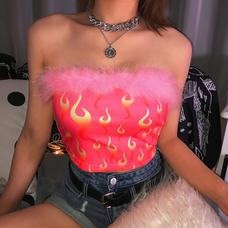 Пушистые Женские топы с принтом огненного пламени розовые милые без бретелек