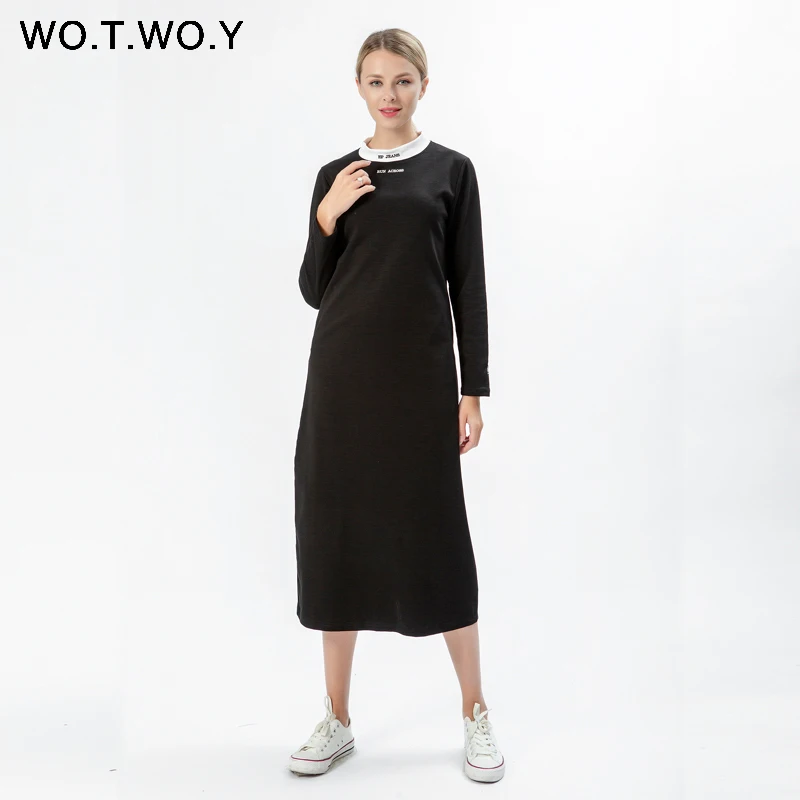 Женское трикотажное платье WOTWOY повседневное Хлопковое с карманами и принтом