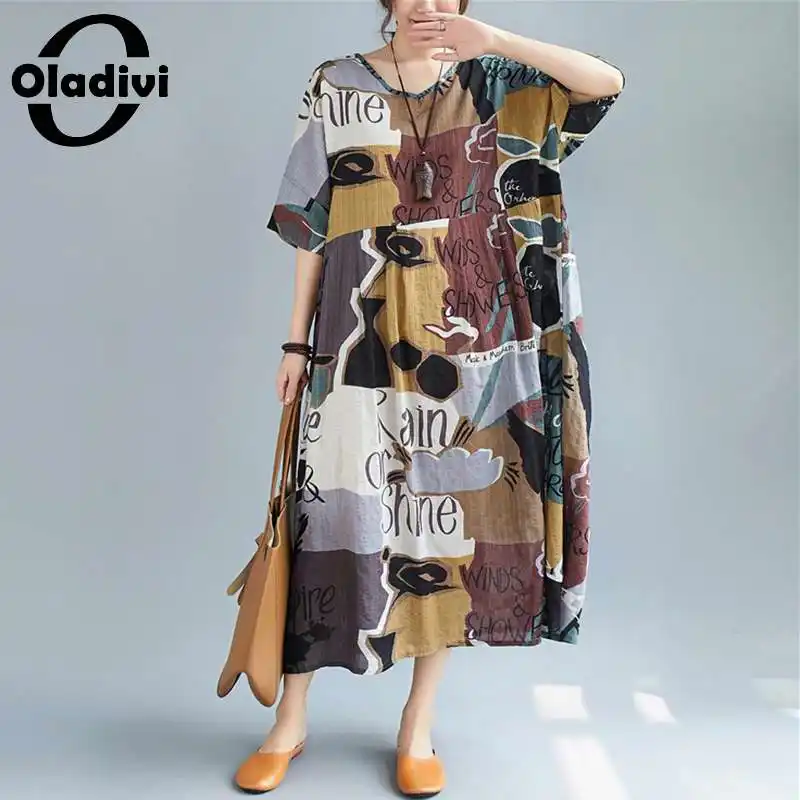 

Женское летнее длинное платье Oladivi, из хлопка и льна, с принтом в стиле бохо, пляжная одежда в стиле бохо