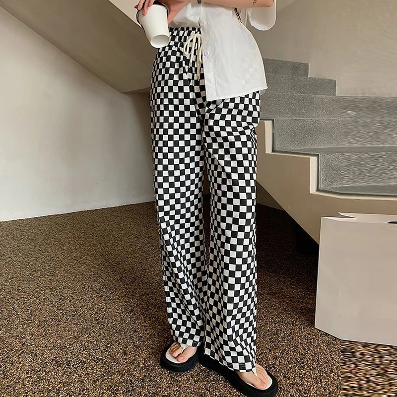 

Брюки женские клетчатые с широкими штанинами, модные дизайнерские Свободные повседневные спортивные штаны на шнуровке с принтом в Корейск...