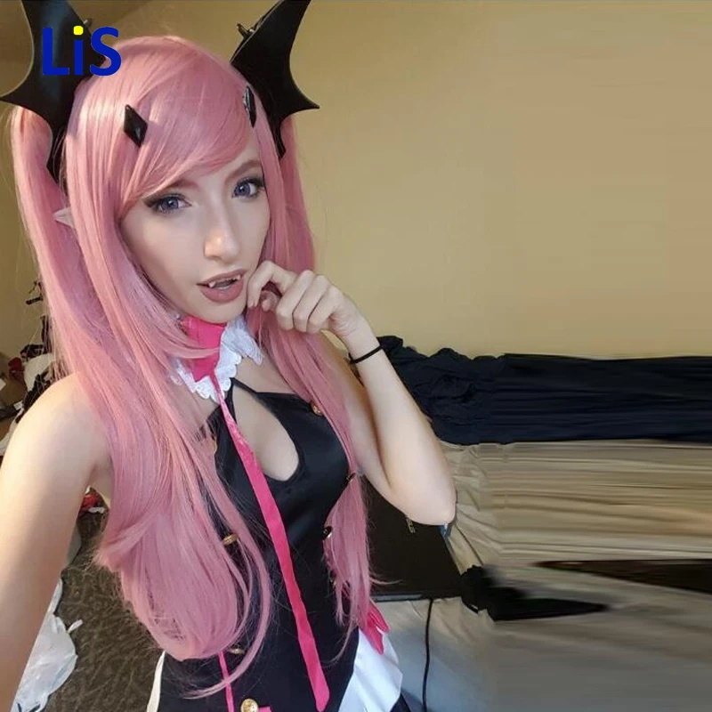 

Anogol Brand Anime Krul Tepes Wig Pink Double Ponytail Synthetic Cosplay Wig Natural Long Straight Wig for Women Costume Party