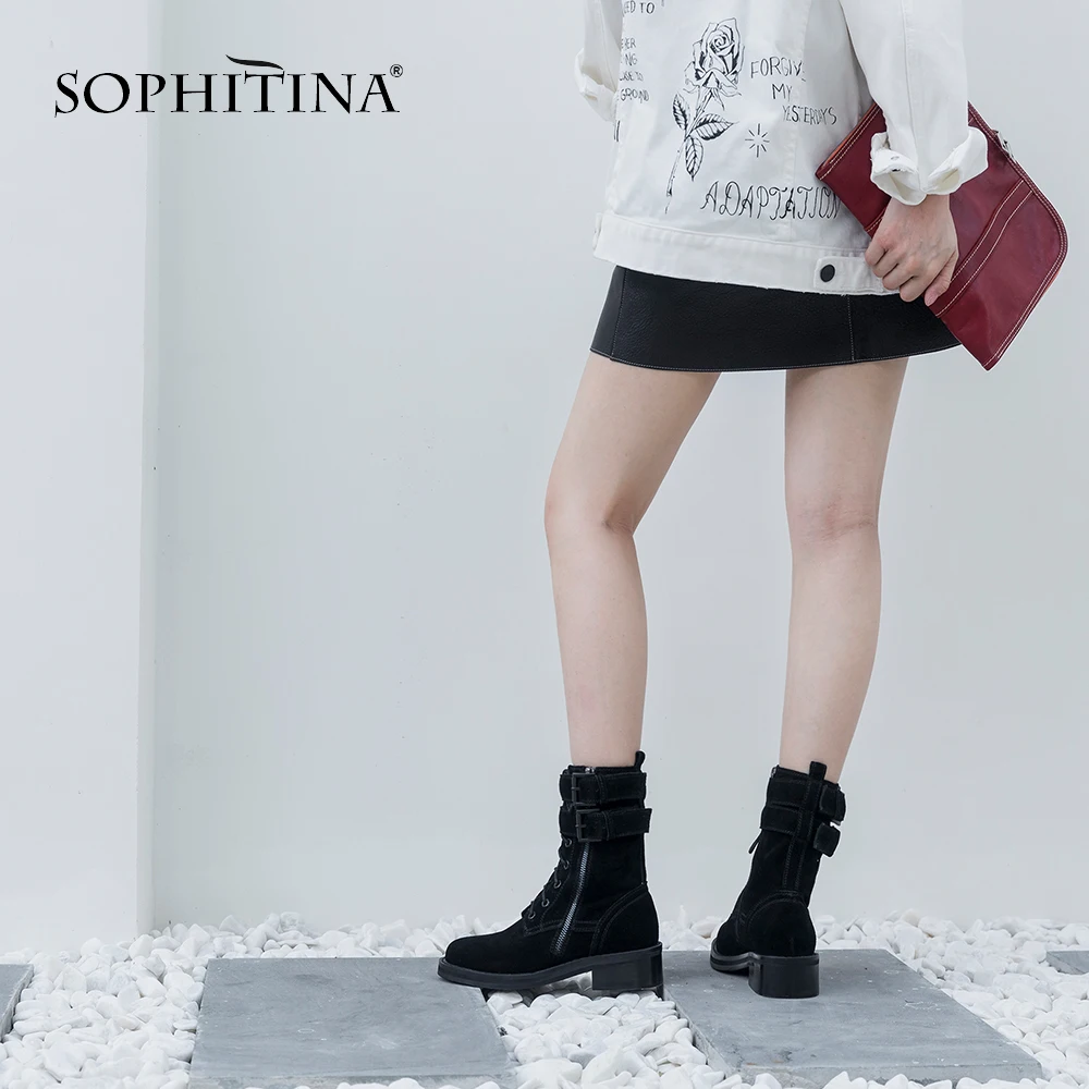 SOPHITINA/рабочие ботинки; удобная женская обувь на квадратном каблуке; модная красивая обувь из коровьей кожи высокого качества; ботильоны с круглым носком; MO302