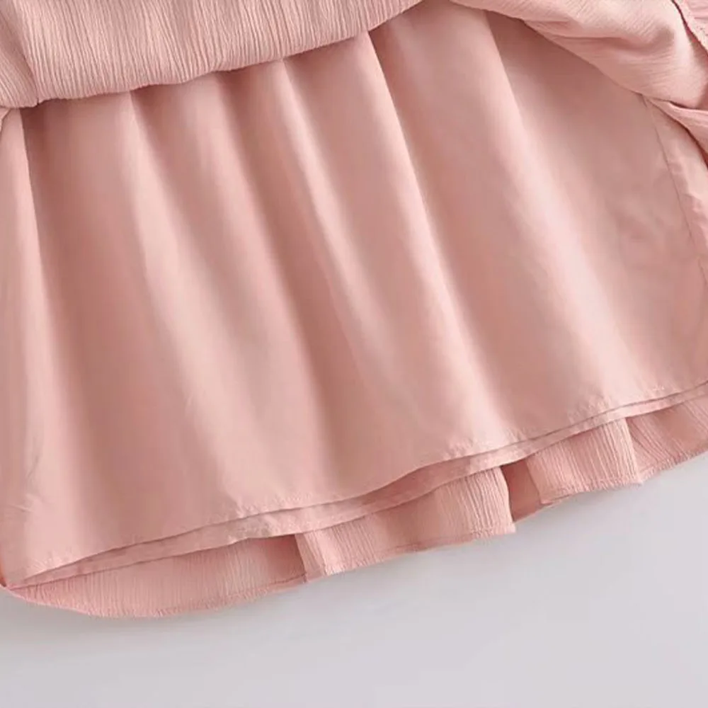 

Za Women 2021 Chic Fashion Pink embroidery lapel Mini Dress Vintage With Lining Short sleeve Female Dresses Mujer