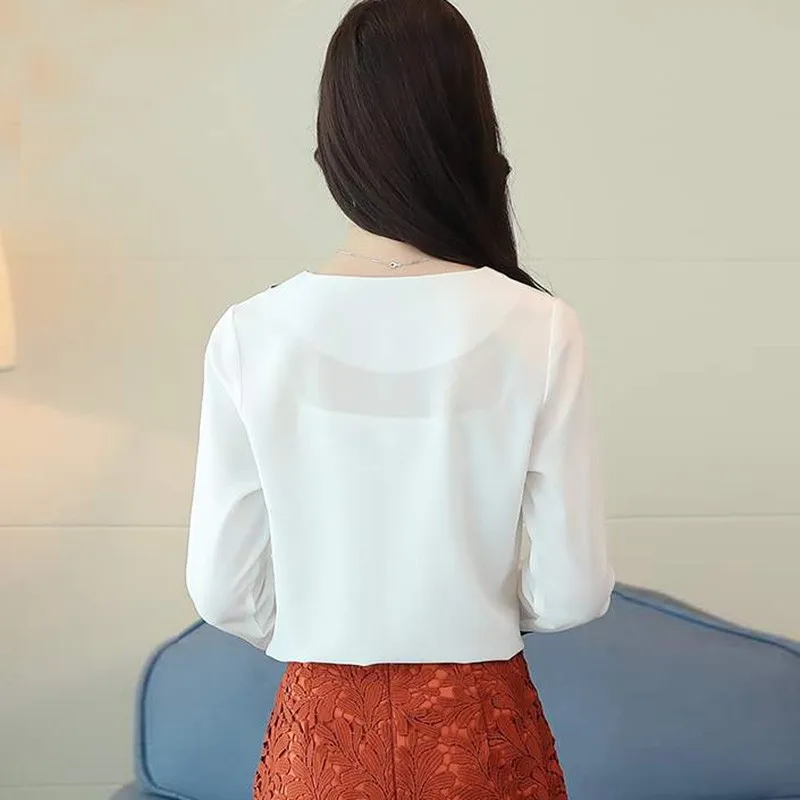 

Women Chiffon V neck Blouse Ladies Fashion Top Offile Lady Shirts Female Long Sleeve Autumn Casual Loose Fall Clothing
