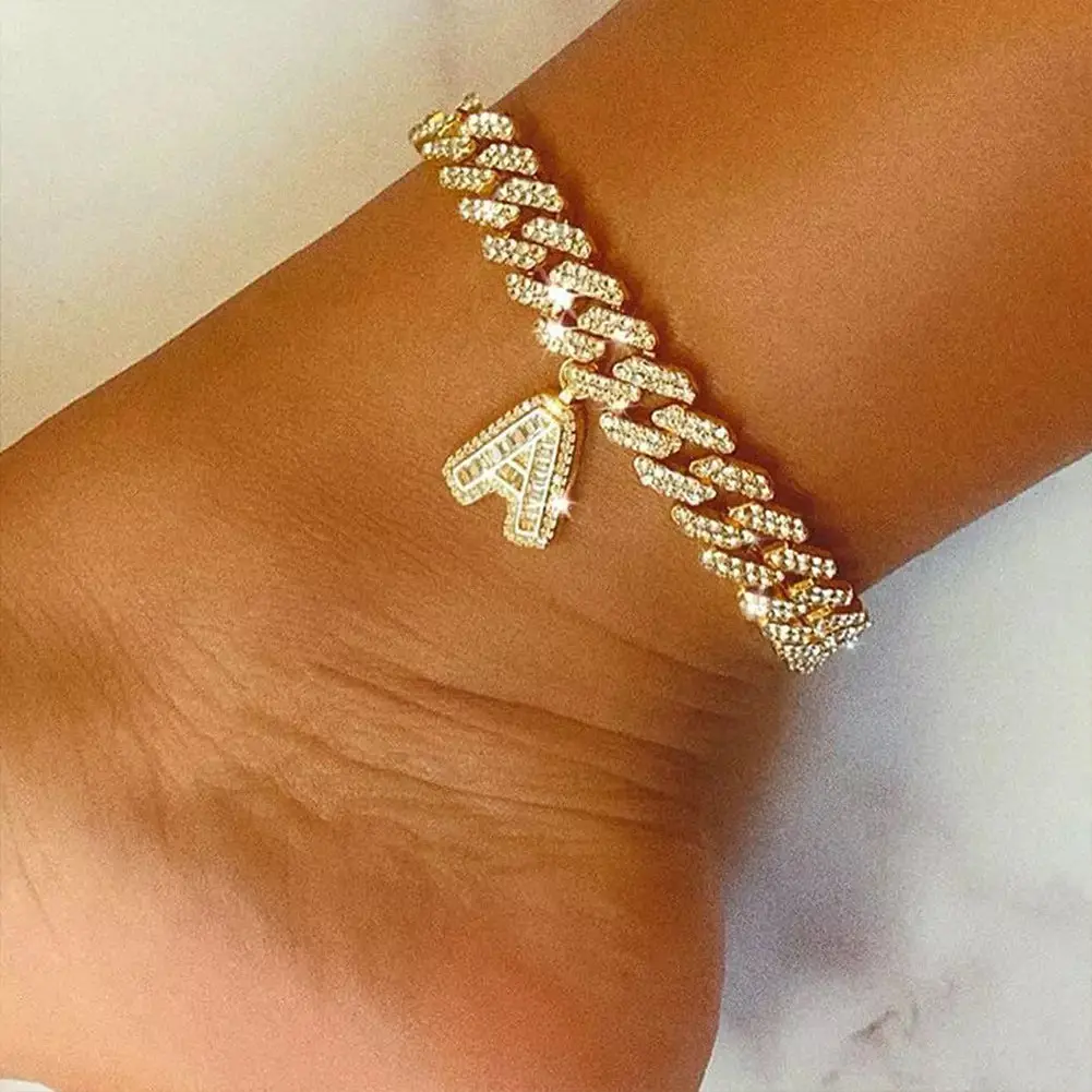 

15mm DIY Gold Color Layered Initial Cuban Link Chain Iced Out Anklets for Women Cuban Anklet Bracelet Stainless Steel Jewelry