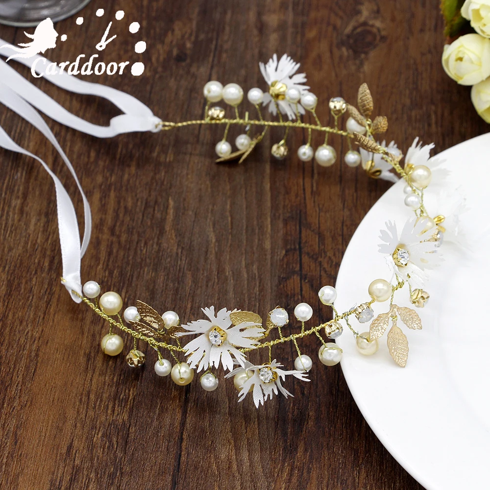 Диадема свадебная с искусственным жемчугом, украшение для волос, венок с красными и белыми маргаритками, свадебные аксессуары для волос