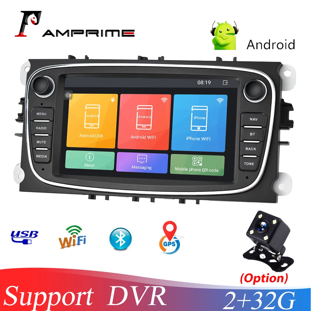 

Автомобильный мультимедийный плеер AMPrime 2DIN, 7 дюймов, Android, 2 + 32 ГБ, GPS, Wi-Fi, Bluetooth, для Ford Focus, Mondeo C-MAX, S-MAX, Galaxy II, Kuga, радио