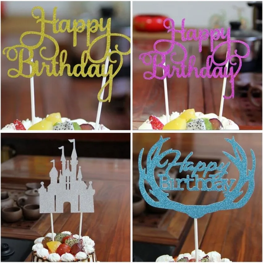 Золотой серебристый синий бумажный Блестящий Топпер для торта с днем рождения